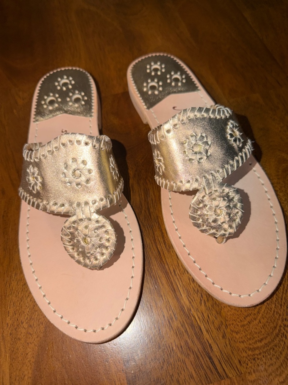 Jack Rogers Metallic Rose Gold Slide Sandals with Rosette